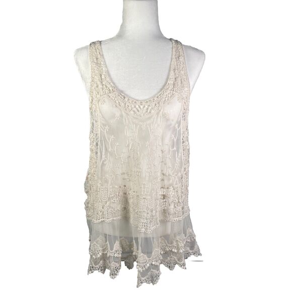 Umgee Tops - UMGEE Crochet Lace Sheer Cream Coverup Tunic Tank Sleeveless Size Small Vintage